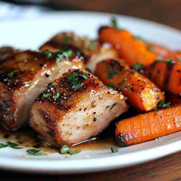 Honey Mustard Glazed Pork Belly with Roasted Carrots Ingredients: 1.5 lbs pork belly, skin scored 2...