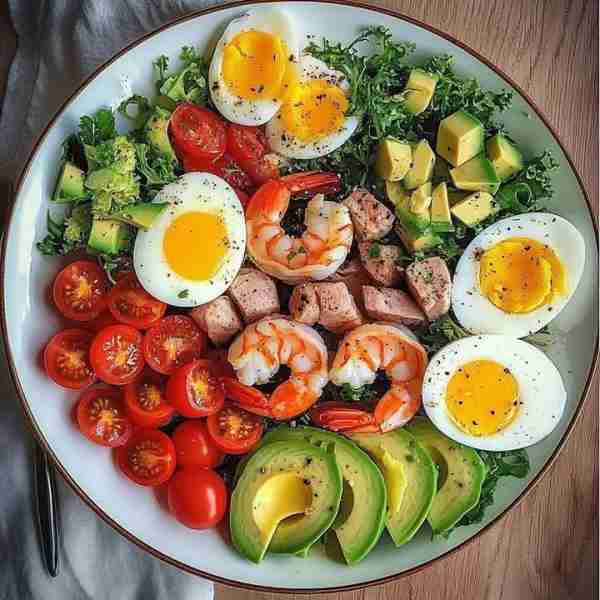 Protein-Packed Shrimp & Avocado Salad 🥗🦐🥑: Ingredients: 🥬 2 cups chopped lettuce or kale 🍅 10 c...