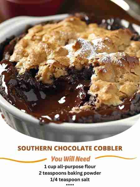 Southern Chocolate Cobbler Ingredients: 1 cup all-purpose flour 2 teaspoons baking powder 1/4 teaspo...