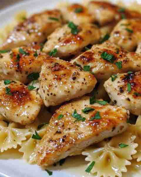 Lemon Garlic Chicken with Creamy Bowtie Pasta Recipe Ingredients: For the Chicken Bites: 1 lb (450g)...
