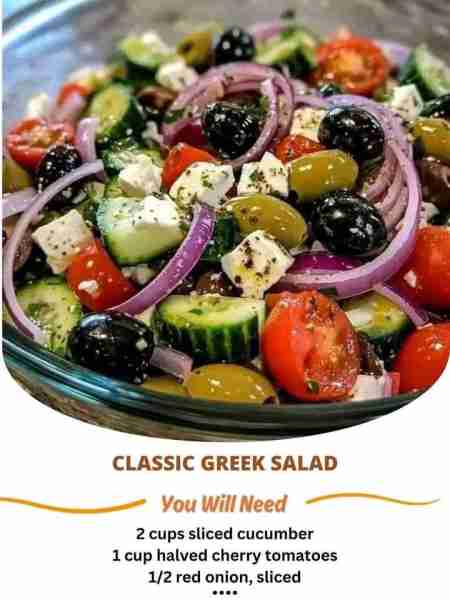 Classic Greek Salad Ingredients: 2 cups sliced cucumber 1 cup halved cherry tomatoes 1/2 red onion,...