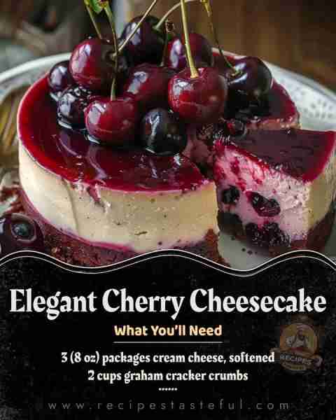 😍🍒🍰 Elegant Cherry Cheesecake Ingredients: 2 cups graham cracker crumbs 1/2 cup melted butter 3 (...