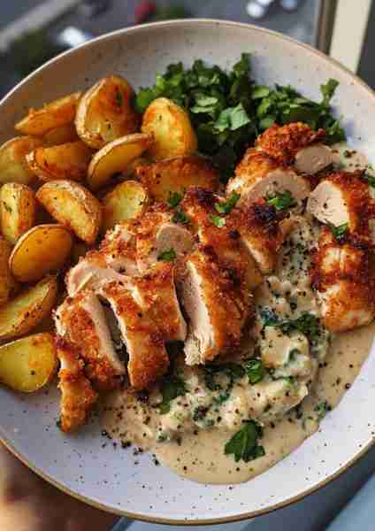 🍄 Creamy Lemon Garlic Chicken Alfredo with Truffle Pesto is an elevated comfort dish that blends ze...