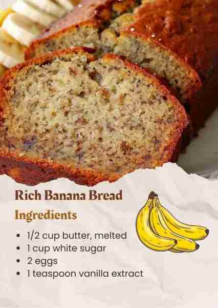 Rich Banana Bread😍😋 1/2 cup butter, melted 1 cup white sugar 2 eggs 1 teaspoon vanilla extract 1 1...