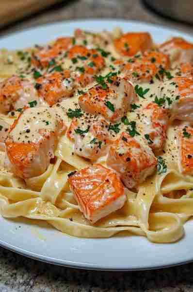 Salmon Alfredo Pasta! Ingredients: For the pasta: 2 cups fettuccine pasta (or your preferred pasta)...