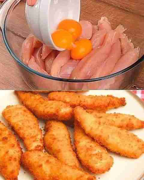 CRISPY CHICKEN STRIPS 😋 Ingredients: 3 eggs 2 chicken fillets 2 cloves of garlic Must express somet...