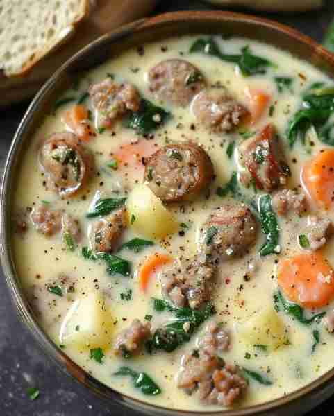 Creamy Parmesan Italian Sausage Soup 😍🍲 Ingredients: 1 pound Italian sausage, casings removed 1 on...