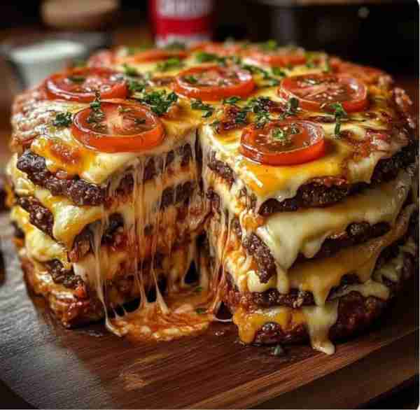 Cheesy Beef Stack Cake 🍖🧀🍅 This meaty, melty tower is like a burger and a lasagna had the most ep...