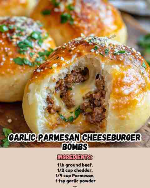 Homemade Garlic Parmesan Cheeseburger Bombs Ingredients: - 1 lb ground beef - 1/2 cup shredded che...