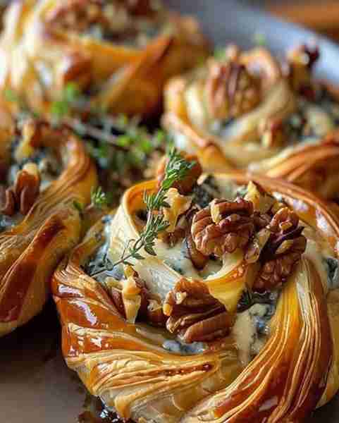 Flaky Puff Pastry Twirls with Blue Cheese, Crunchy Walnuts, and Fresh Thyme Ingredients: 1 sheet puf...