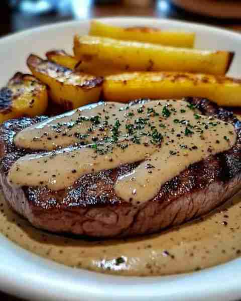 Juicy Steak with Rich Garlic Cream Sauce 🥩🧄 Savor the delight of perfectly cooked steaks smothered...