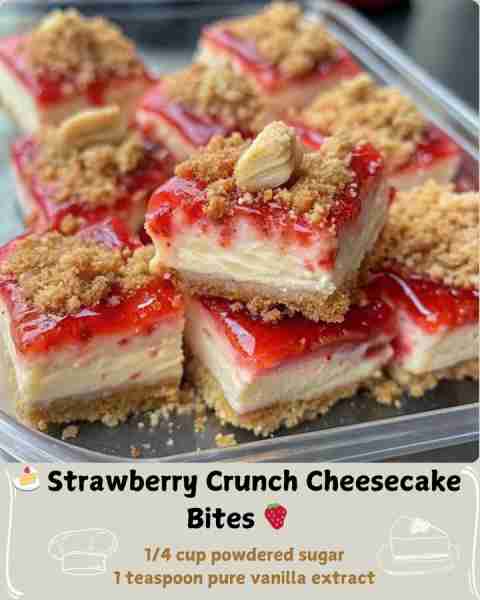 🍰 Strawberry Crunch Cheesecake Bites 🍓 Ingredients: For the crust: 1 cup graham cracker crumbs (ab...