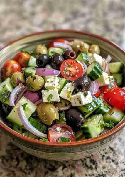 Greek Salad Bowl 🇬🇷🥗🧀🫒🍅🥒🧅 Ingredients: 🥒 Chopped cucumber 🍅 Cherry tomatoes (halved) 🧅 Slic...