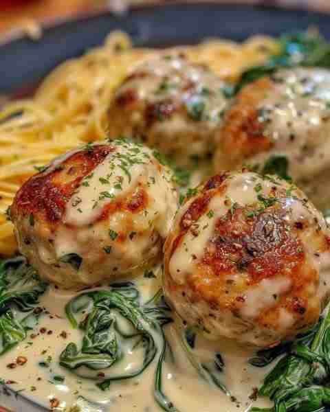 Creamy Chicken Meatballs with Spinach and Pasta Ingredients: For the Meatballs: 1 lb ground chicken...