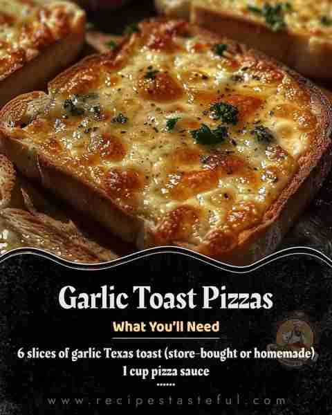 Garlic Toast Pizzas Ingredients: 6 slices of garlic Texas toast (store-bought or homemade) 1 cup piz...