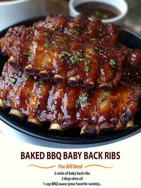 BAKED BBQ BABY BACK RIBS Ingredients: 2 racks of baby back ribs 2 tbsp olive oil 1 cup BBQ sauce (yo...