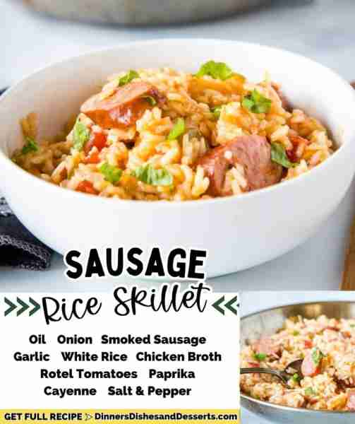Love a good easy one pan meal. Recipe - https://dinnersdishesanddesserts.com/sausage-rice-skillet/