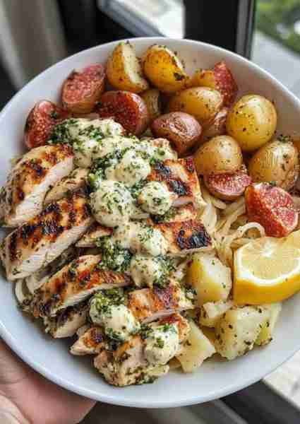 🍇 Greek Chicken Alfredo with Creamy Fig-Pesto Sauce is a Mediterranean-inspired delight. Grilled ga...