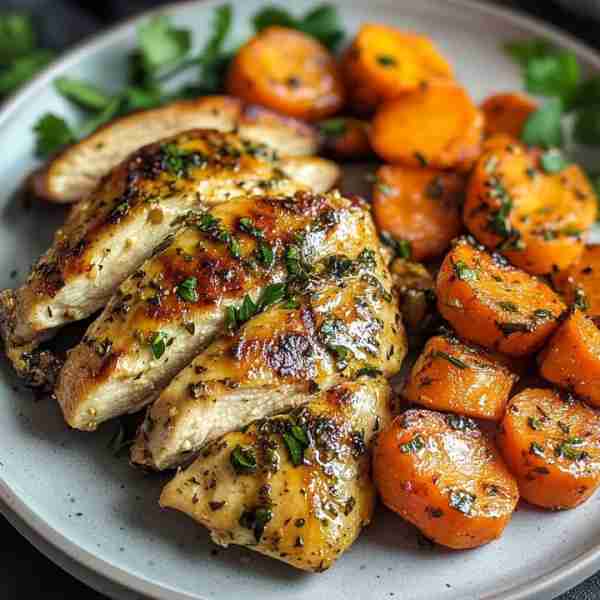 Garlic Herb Chicken & Carrot Plate Ingredients: 2 boneless, skinless chicken breasts 2 tbsp olive oi...
