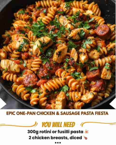 🍝🔥 Epic One-Pan Chicken & Sausage Pasta Fiesta 🍗🌭🎉 Prep Time: 15 minutes Cooking Time: 25 minut...
