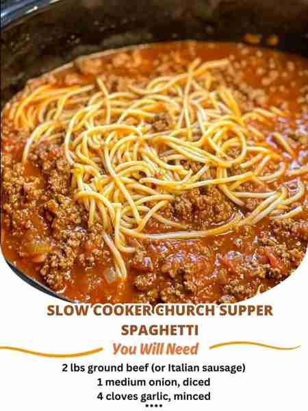 Slow Cooker Church Supper Spaghetti😋 Ingredients: 2 lbs ground beef (or Italian sausage) 1 medium o...