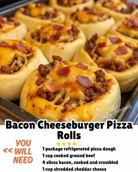 Bacon Cheeseburger Pizza Rolls Ingredients: 1 package refrigerated pizza dough 1 cup cooked ground b...