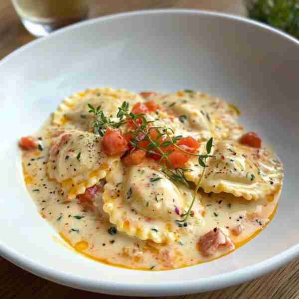 Ravioli in Creamy Sauce with Diced Tomatoes and Chili Oil Ingredients: For the Ravioli: 1 package of...