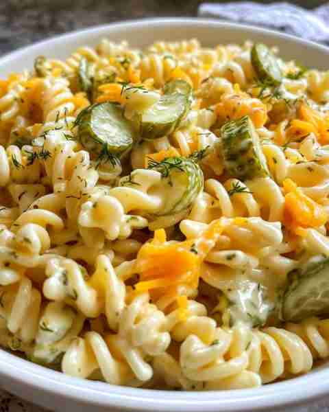 Creamy Dill Pickle Pasta Salad for Summer Ingredients: 12 oz rotini pasta 8 oz medium cheddar cheese...