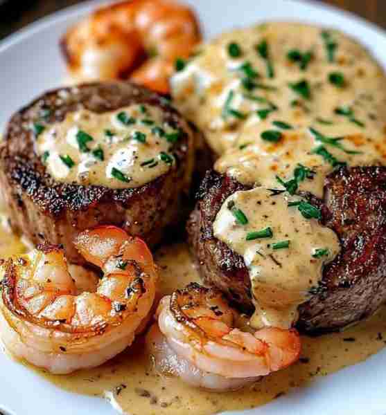 Surf and Turf with Creamy Garlic Sauce 🥩🍤🧄 Ingredients 🛒 🌹💕💕💕😍👇😍🪐👇 For the Steak: 2 fil...
