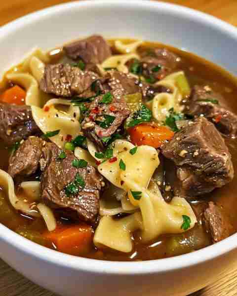 Easy Homemade Beef Noodle Soup Recipe Ingredients: 1 lb beef stew meat, cut into 1-inch cubes 1 tabl...