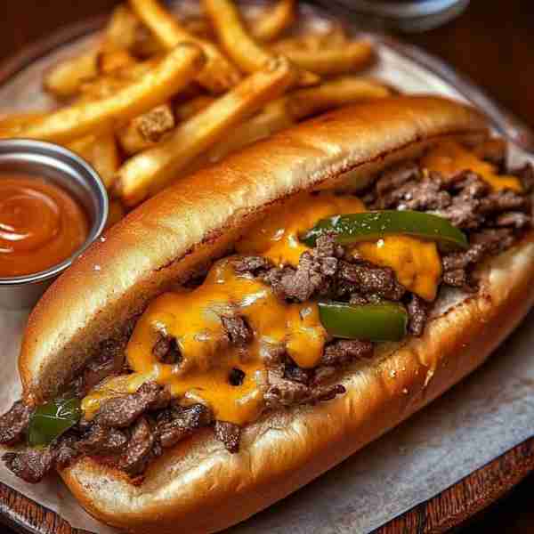 Loaded Beef and Cheddar Cheesesteak with Parmesan Fries Ingredients: 1 hoagie roll, toasted 8 oz thi...