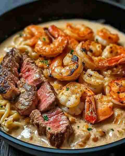Steak and Seafood Skillet with Garlic Parmesan Cream Sauce 🍤🥩 Savor the ultimate surf and turf ex...