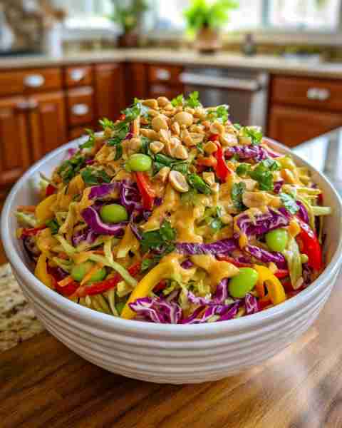 Eat the Rainbow: Deliciously Crunchy Thai Peanut Vegan Salad 🌈🇹🇭💪 Ingredients: 2 cups (140g) shred...