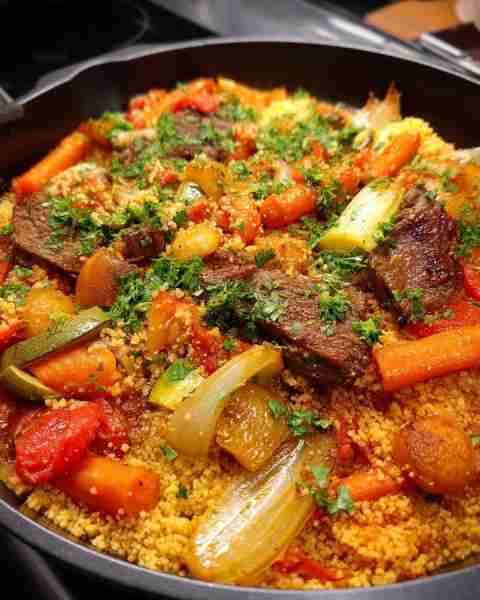 Couscous aux légumes et viande d'agneau Ingredients: Pour le couscous : - 500g de semoule de couscou...