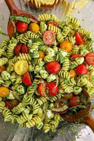 Pesto Pasta Salad Ingredients: 2 cups rotini pasta, cooked and cooled 1 cup cherry tomatoes, halved...