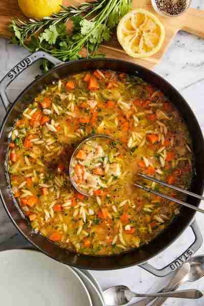 Lemon Chicken Orzo Soup - Chockfull of hearty veggies and tender chicken in a refreshing lemony brot...