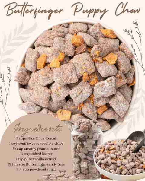 BUTTERFINGER PUPPY CHOW! 7 cups Rice Chex Cereal 1 cup semi sweet chocolate chips ½ cup creamy peanu...