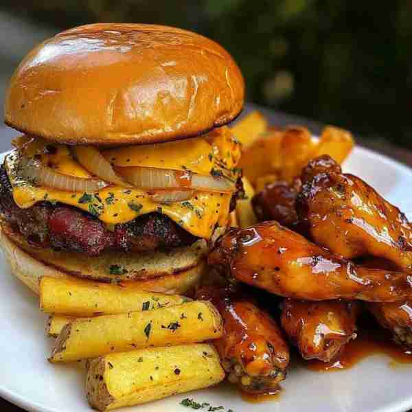 Bacon Double Smash Burger with Seasoned Fries & BBQ Wings 🍟🔥 This is what food dreams are made of...