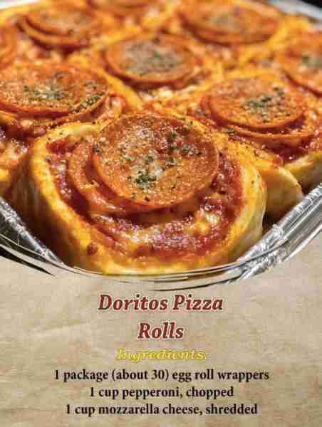 Doritos Pizza Rolls Ingredients: 1 package (about 30) egg roll wrappers 1 cup pepperoni, chopped 1 c...