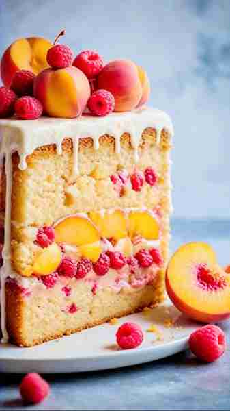 PEACH RASPBERRY CAKE Ingredients: For the Cake: 2½ cups all-purpose flour 2½ tsp baking powder ½ tsp...