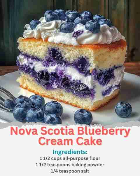 Nova Scotia Blueberry Cream Cake Ingredients: 1 1/2 cups all-purpose flour 1 1/2 teaspoons baking po...