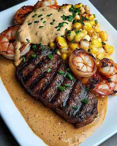 Blackened Steak & Shrimp with Cajun Cream Sauce 🍤🥩 Ingredients: 1 tablespoon olive oil 2 ribeye o...
