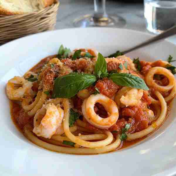 Spaghetti with Calamari in Tomato Basil Sauce Ingredients: For the Pasta: 8 oz spaghetti 2 tablespoo...