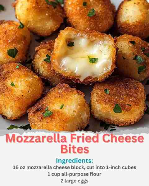 Mozzarella Fried Cheese Bites Ingredients: 16 oz mozzarella cheese block, cut into 1-inch cubes 1 cu...