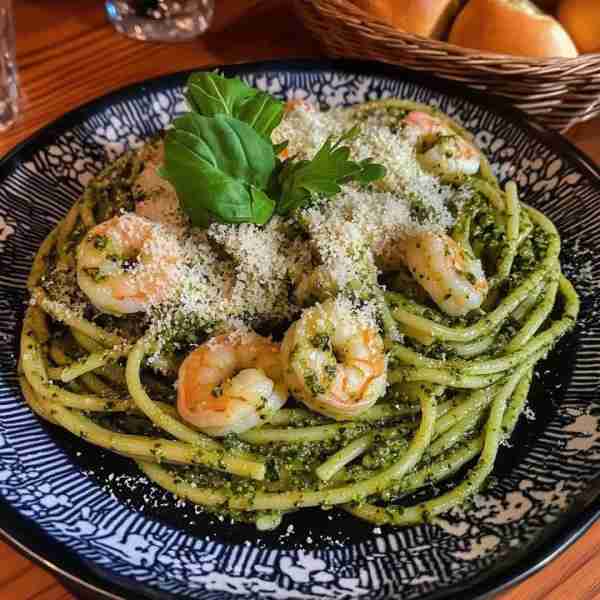 Pesto Spaghetti with Shrimp 🍝🦐 Ingredients: For the pasta and shrimp: 12 oz (340g) spaghetti 1 lb...