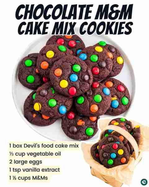 5-Ingredient M&M Cookies • 1 box Devil’s food cake mix • ⅓ cup vegetable oil • 2 large eggs • 1...