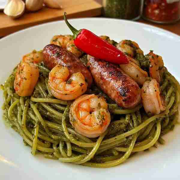Rustic Green Spaghetti with Shrimp, Grilled Sausage, Garlic, and Chili Ingredients: Green Spaghetti:...