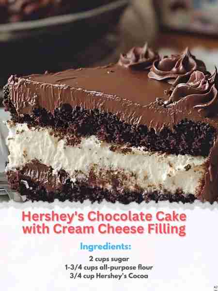 Hershey's 🐄 Chocolate Cake with Cream Cheese Filling Ingredients: - 2 cups sugar - 1-3/4 cups all-p...