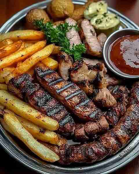 Mixed Grill Platter with Fries 🍽️🔥 Ingredients: - 1 pound chicken breast, cut into bite-sized piec...