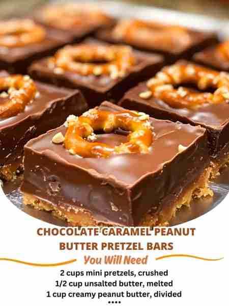 Chocolate Caramel Peanut Butter Pretzel Bars Ingredients: 2 cups mini pretzels, crushed 1/2 cup unsa...